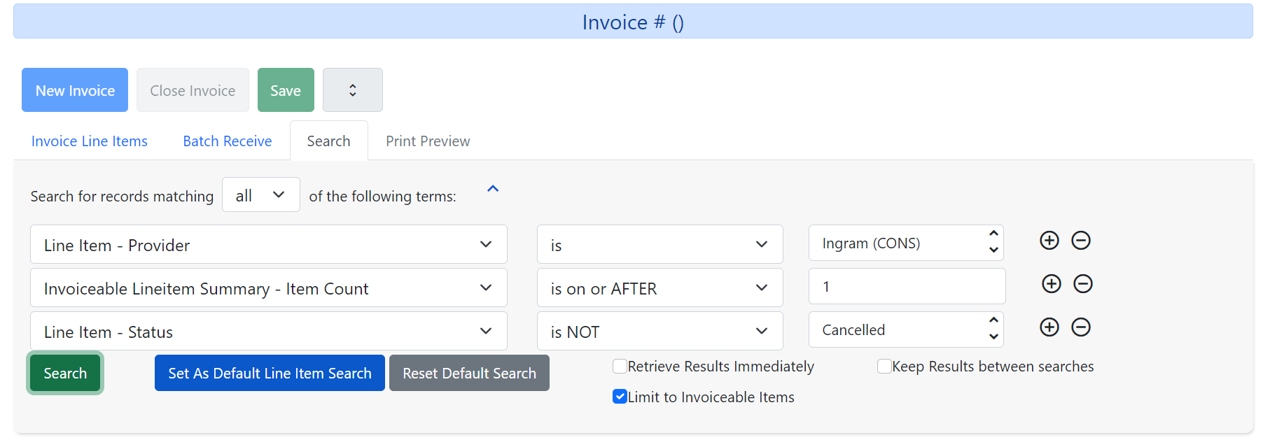Search for lineitems from an invoice