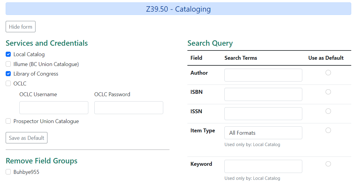 Z39.50 search form - top portion