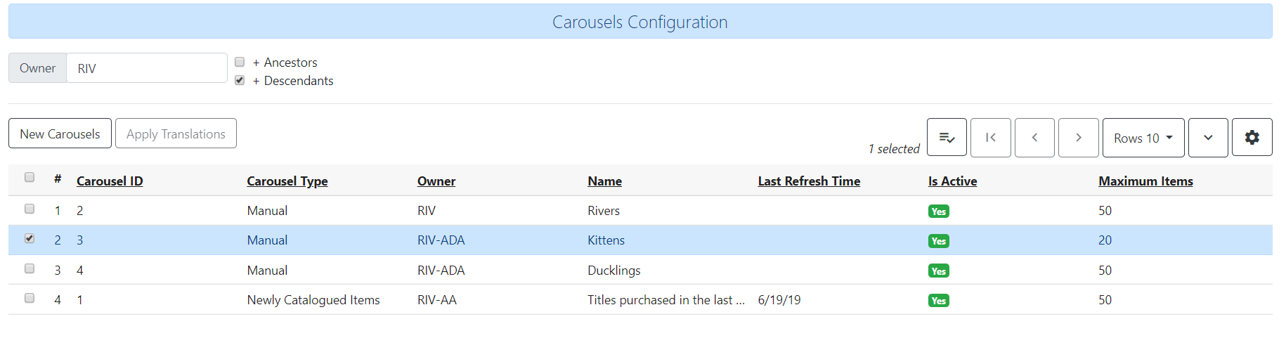 Carousels configuration screen