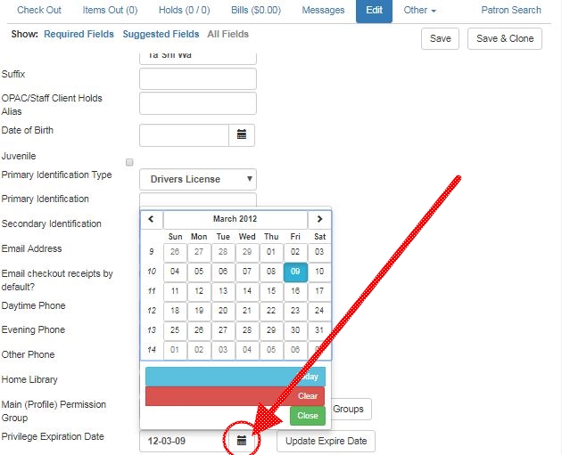 A screenshot of the patron registration page. The calendar widget for the Privilege Expiration Date has been opened and there is an arrow indicating the button for the widget between the field and the Update Expire Date button.
