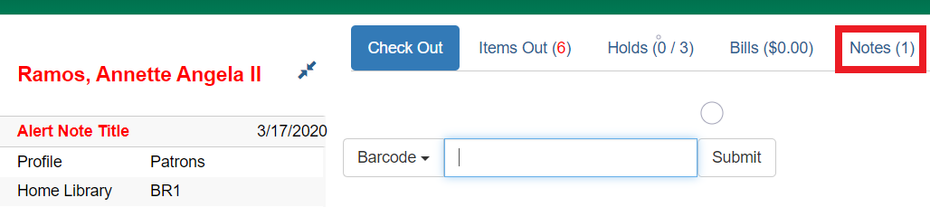 Screenshot of the top of the Patron Account. The counter is a number inside of parentheses after the Tab name. So the tab reads "Notes (1)"