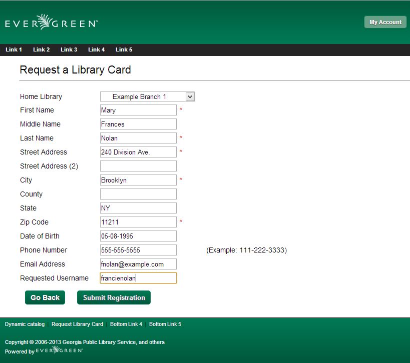 Screenshot of a generic Patron Self-Registration form. The fields are focused on name