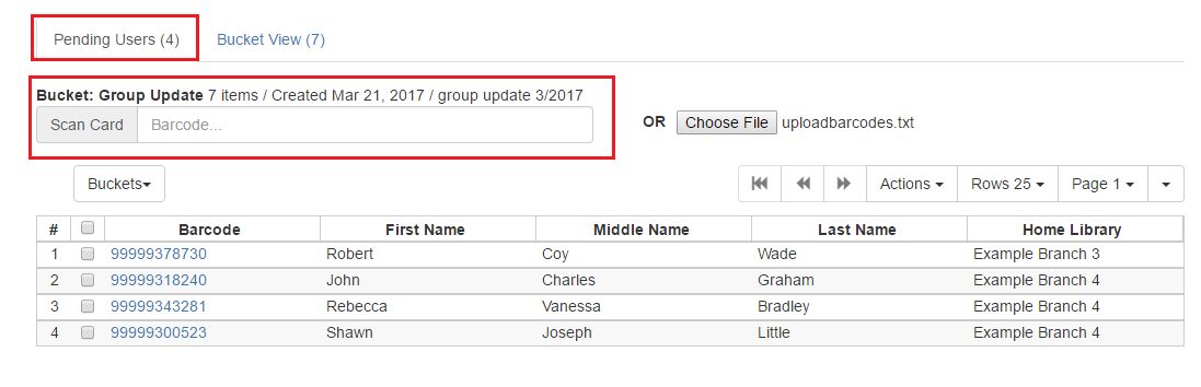 Screenshot of the User bucket interface as described above. The tab options are Pending Users () and Bucket View (). The options to add users are next on the screen