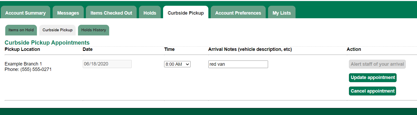 Update Curbside Appointment in MyAccount