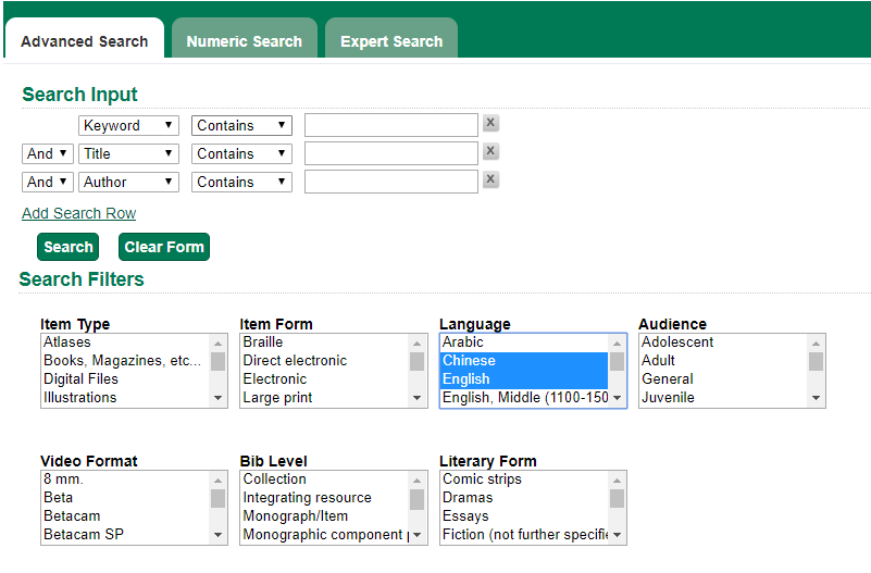 Advanced Search interface with language filter options.