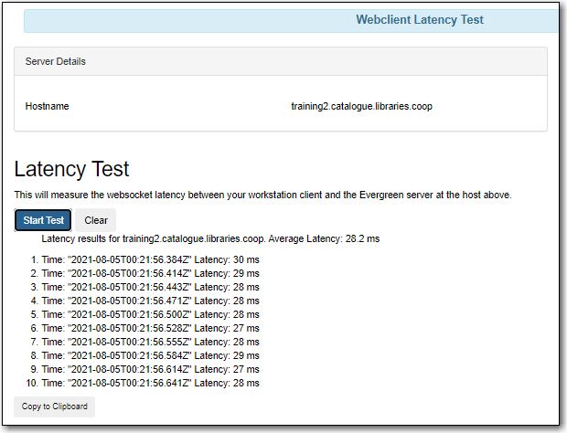 Latency test interface showing options to start test