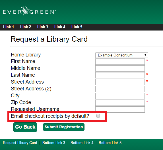 Self-registration form with the option to select email checkout receipts by default.