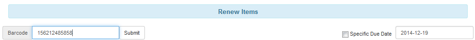 Renew Items screen with item barcode entry.
