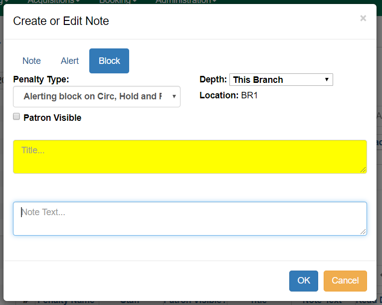 Screenshot of the Block Display version of the note modal. The only difference from the alert type is the Block tab is selected and the Penalty Type is changed to Alerting block on Circ