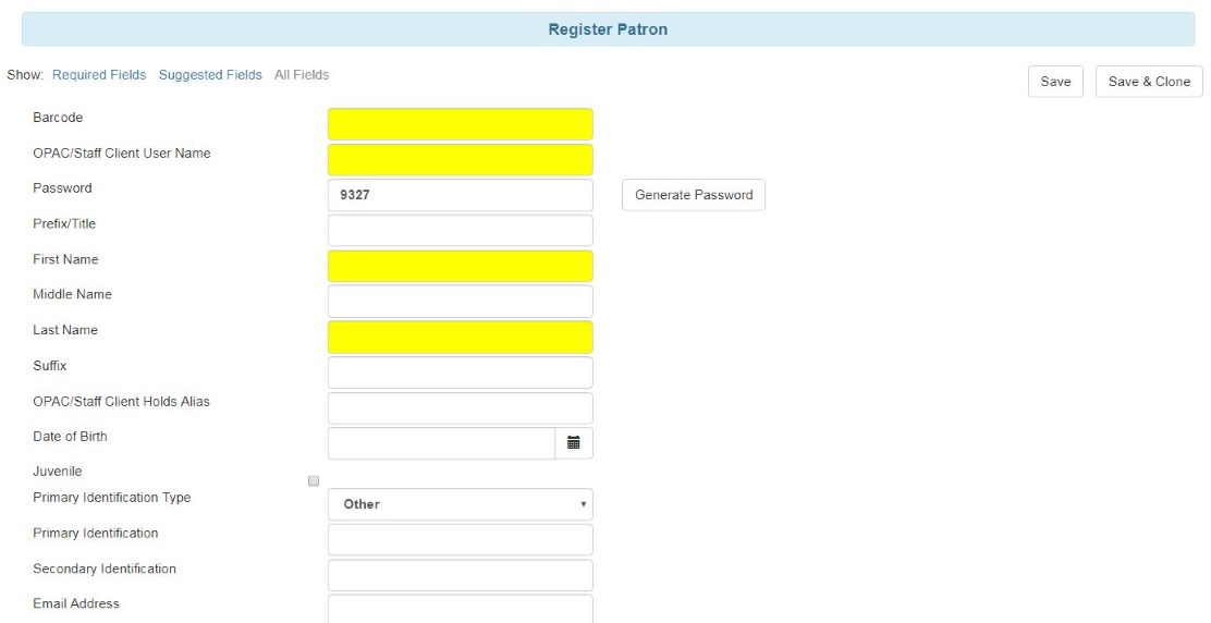 Screenshot of the top portion of the Patron registration form