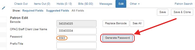 Screenshot of the top of the patron record. Just below the Replace Barcode button is the Generate Password button which is highlighted. The four digit password in the Password field to the left is also highlighted.