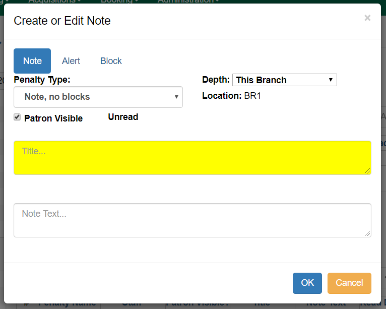 A screenshot of the Note Modal. The fields are as described above. Only the Title field is highlighted yellow to indicate a required field.