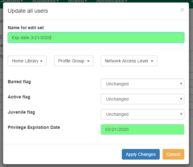 Screenshot of the Update all users modal. The fields are as described above. Two fields have been changed and these are indicated by green highlights.