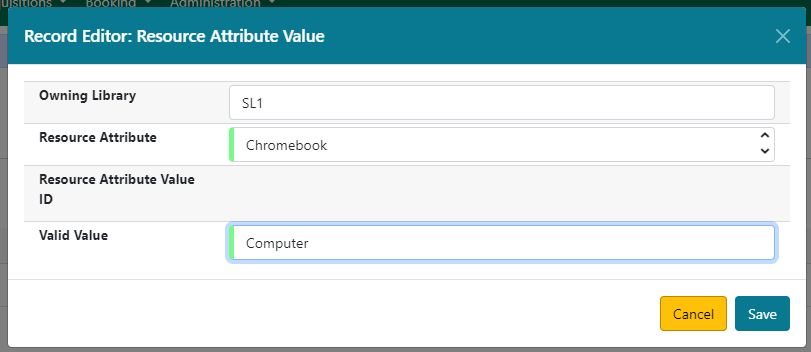 Form for assigning a value to a resource attribute with fields for owning library