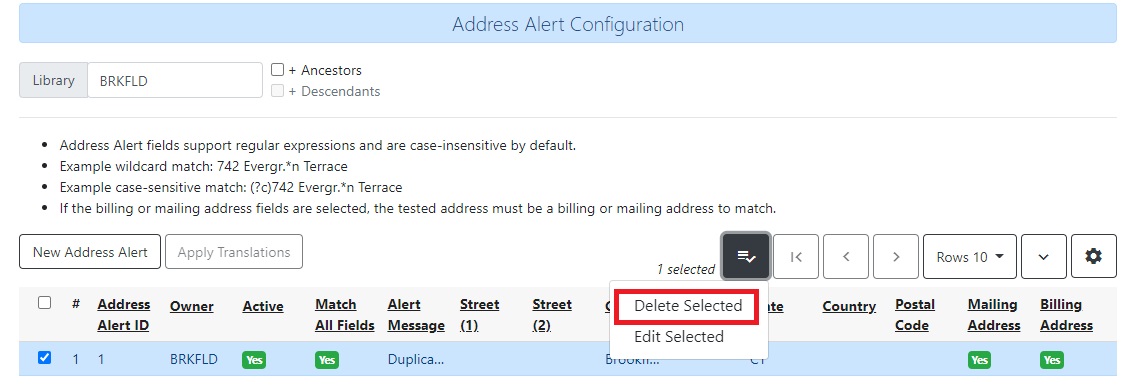 Delete Address Alert