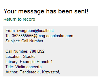 Screenshot: Confirmation page that SMS message was sent