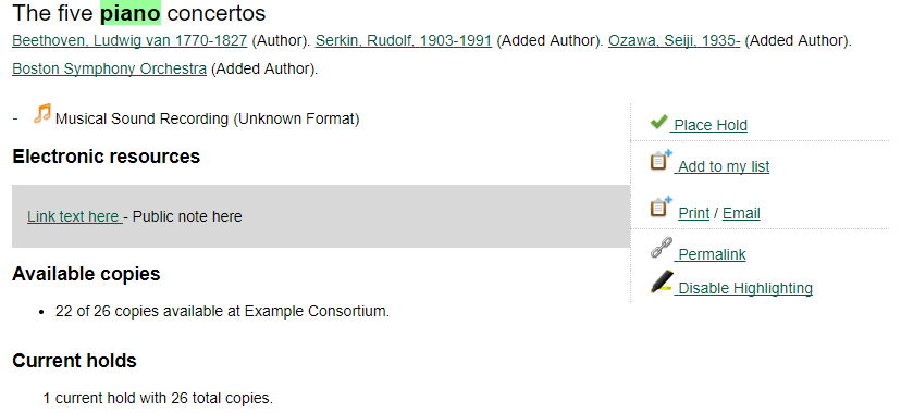 Bibliographic record detail page showing the search term "piano" highlighted in the General Note and Subject fields.