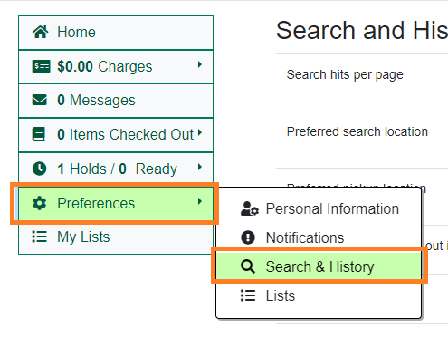 Preferences Menu in OPAC