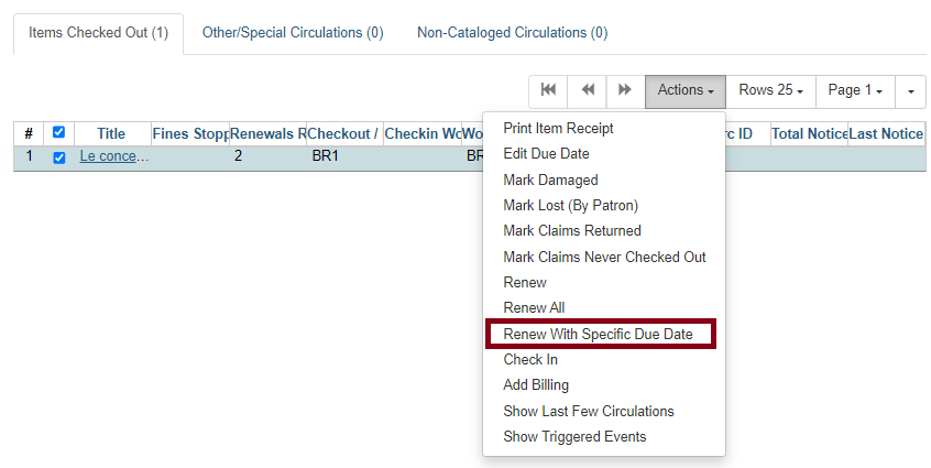 Renew items with a specific due date action in Items Out screen.