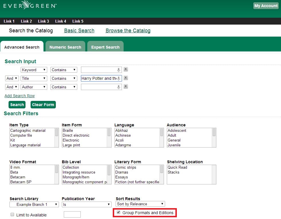 Advanced Search page with the Group Formats and Editions checkbox selected.