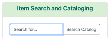 The Item Search and Cataloging section of the splash page with the search bar highlighted.