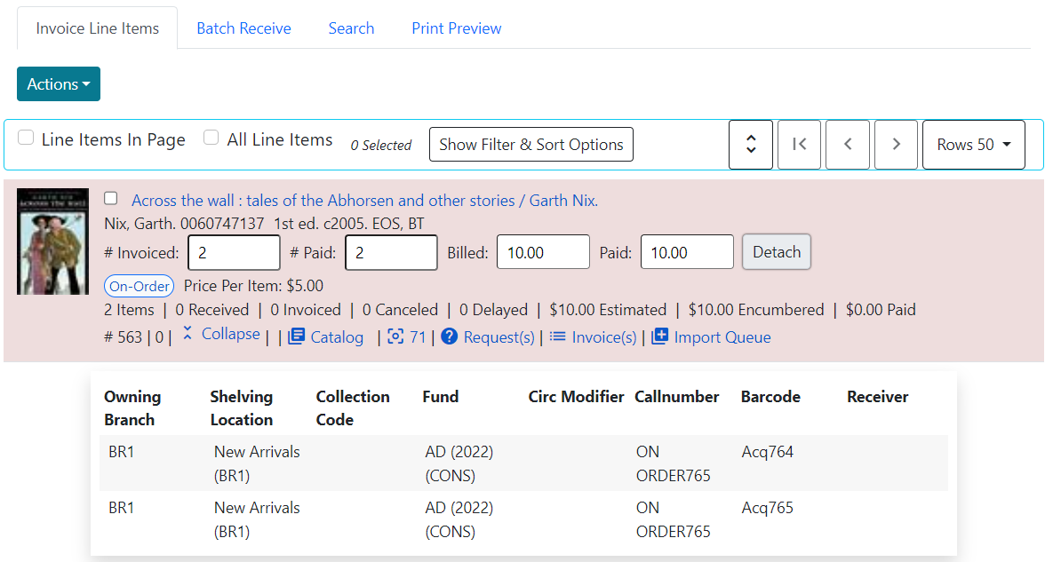 Line item details on the invoice