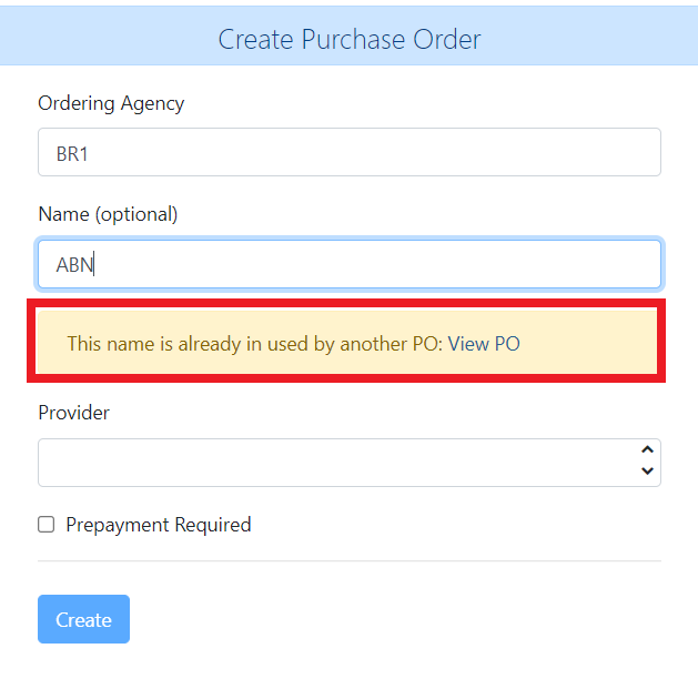 Duplicate Purchase Order Name Warning