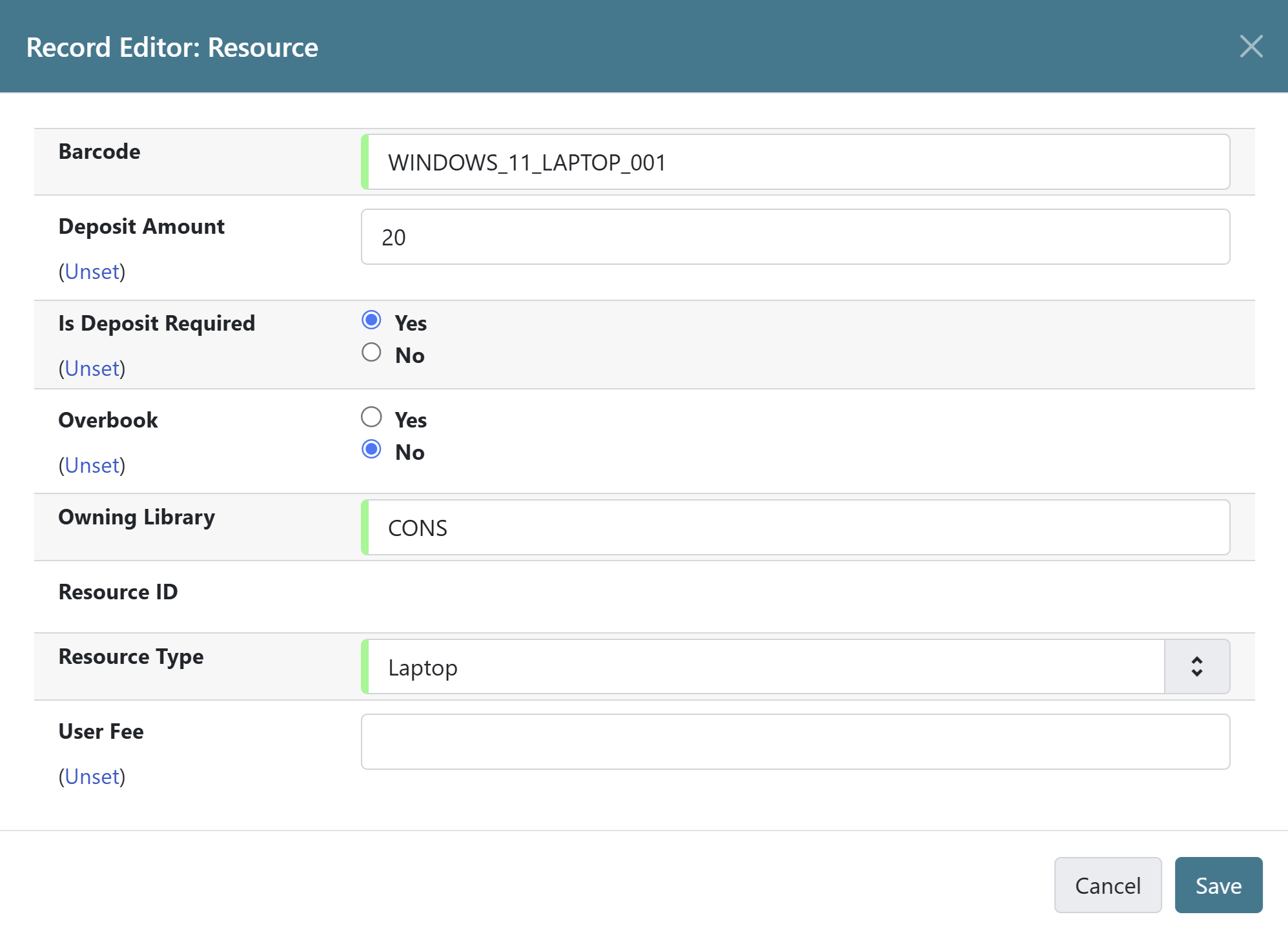 Form for creating a new resource with fields for barcode