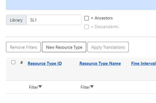 Button for creating a new resource type located between Remove Filters and Apply Transitions buttons.