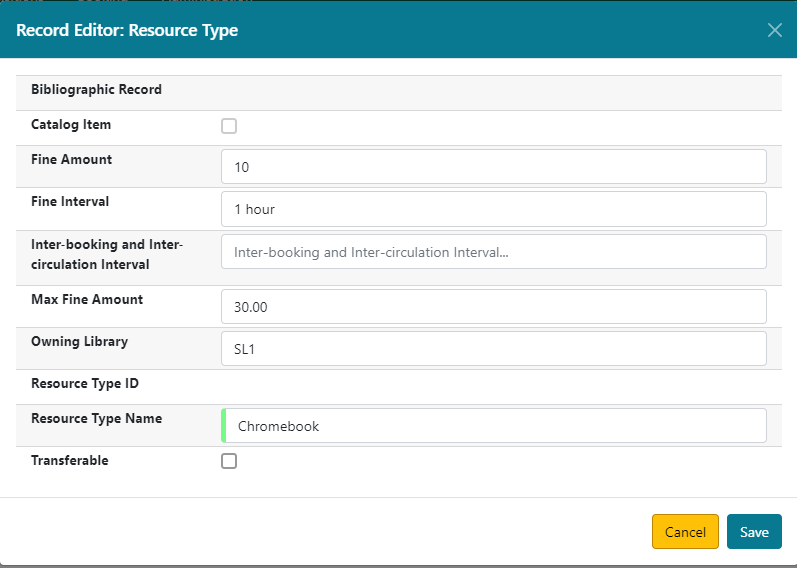 Form for creating a new resource type with fields for catalog item, fine amount, fine interval, max fine amount, owning library, resource type name, and transferable option.