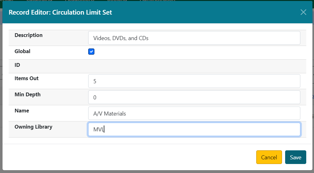 New Circulation Limit Set form