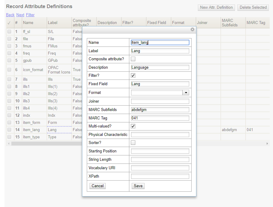 Record Attribute Definitions interface for adding subfields to the index.