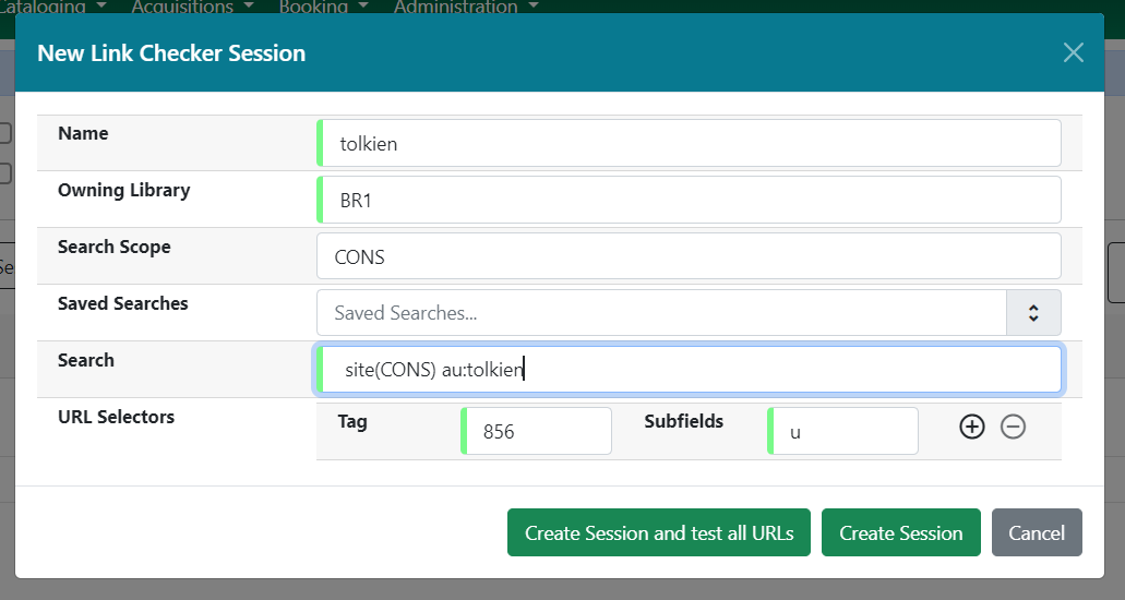 Create Link Checker Session modal