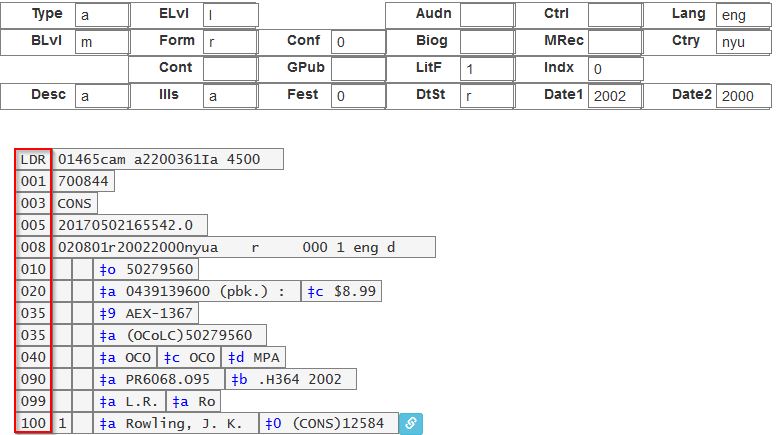 MARC edit form highlighting included fields and lack of 007 field