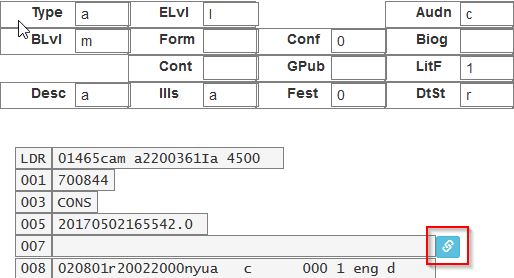 Partial view of MARC edit form indicating chain link icon location