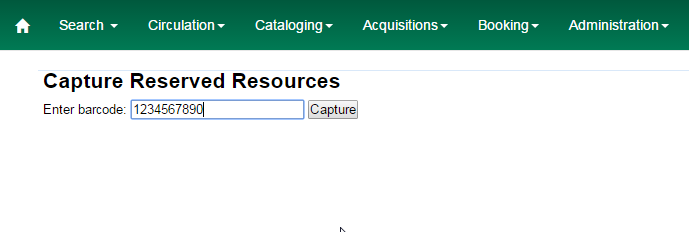 Interface for capturing resources in the Booking Module with options to scan or type the barcode and click Capture.