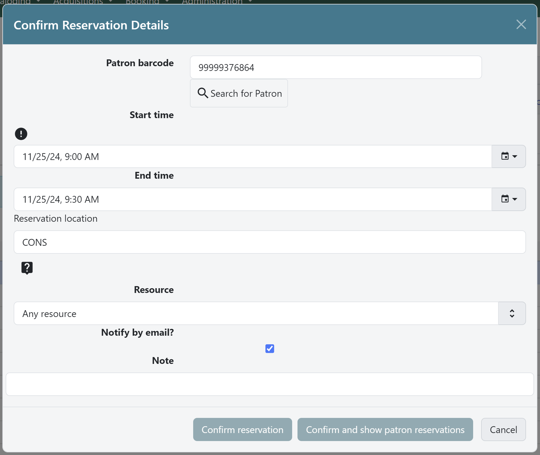 Confirm reservation modal showing reservation details.