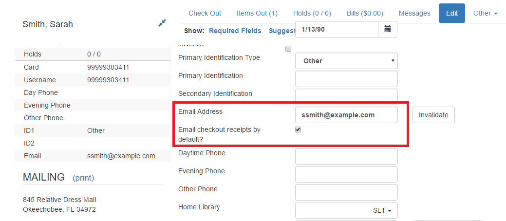 Email checkout receipts default option in the patron account edit screen.