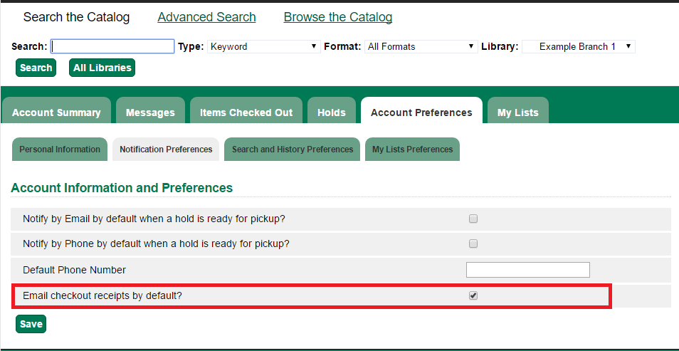 Notification Preferences section in the OPAC account with the option to enable email checkout receipts.