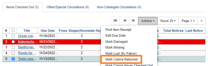 Mark Claims Returned action in the Items Out screen.
