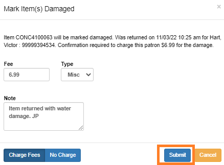 Damaged item billing dialog with fields for adjusting the amount, selecting bill type, adding a note, and submitting.