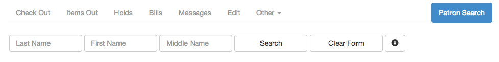 Screenshot of the collapsed form of the patron search. Shows the patron record tabs at the top and the fields Last Name