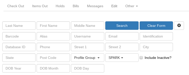 Screenshot of the expanded form of the patron search screen. The fields named above are displayed in a grid.