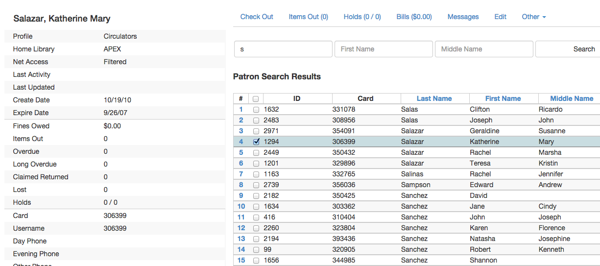 Screenshot of the patron search results. The results are listed in a grid with each line representing a different patron account. One line is selected using the checkbox on the left and is highlighted. A summary of the account is displayed in a column on the left.