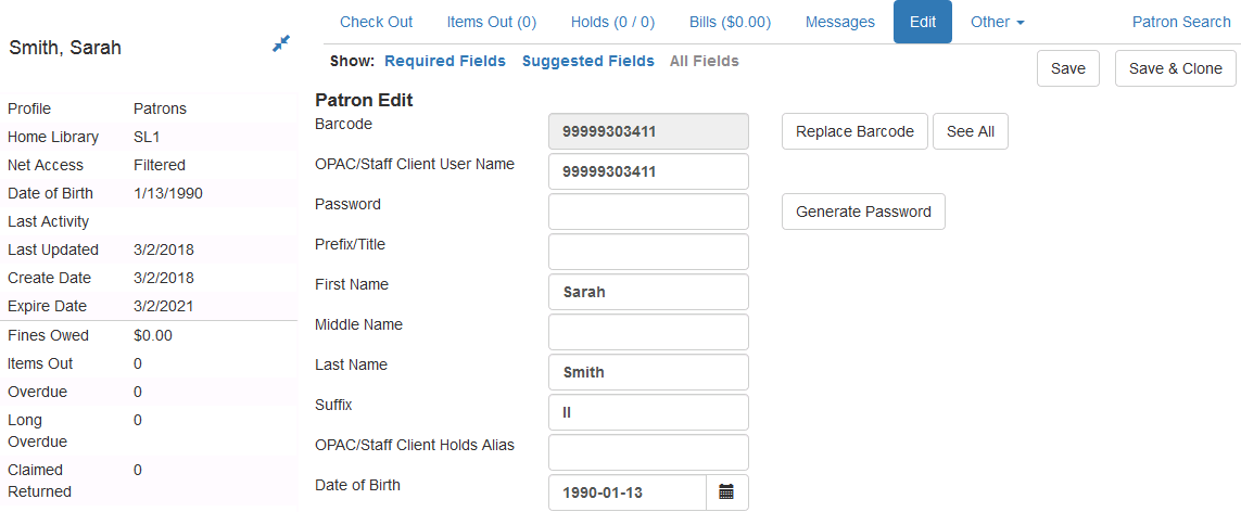 Screenshot of a patron account for Sarah Smith. On the left is the summary display. The Edit tab has been selected at the top and all of the fields we saw on the patron registration screen can now be edited again. Replace Barcode and See All buttons are now visible next to the Barcode field.