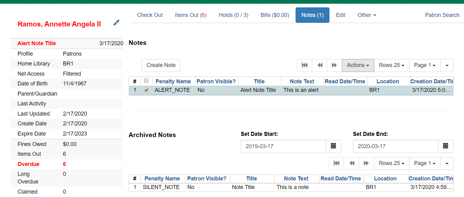 A screenshot of the full notes tab. The Notes section at top has a typical grid view with the regualr actions and grid options buttons. To the left above the grid is the Create Note button. In the lower Archived Notes section there is another grid with the grid options buttons. Above this on the right are fields for Set Date Start and Set Date End.