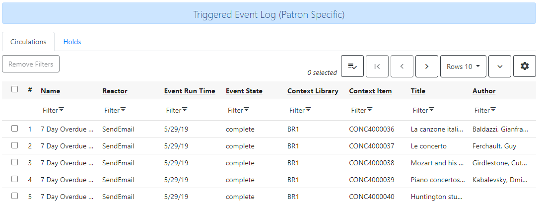 Patron Triggered Events Log Display