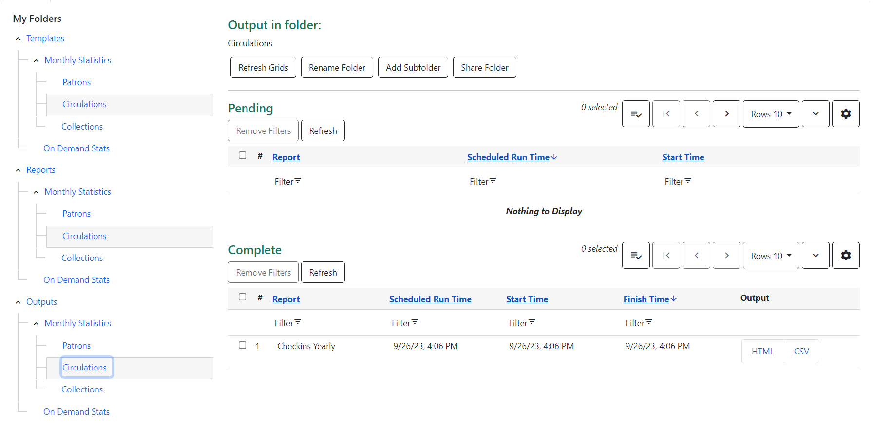 Screenshot of an opened output folder. On the left are the expanded folders tor templates, reports, and outputs with an output folder selected. The right side of the screen is separated into horizontal sections. At the top, under Output in folder: is the name of the folder and buttons for folder-level actions. Next is a Pending section with a grid view. Under that is a Complete section with another grid view. There is one result under the complete section.