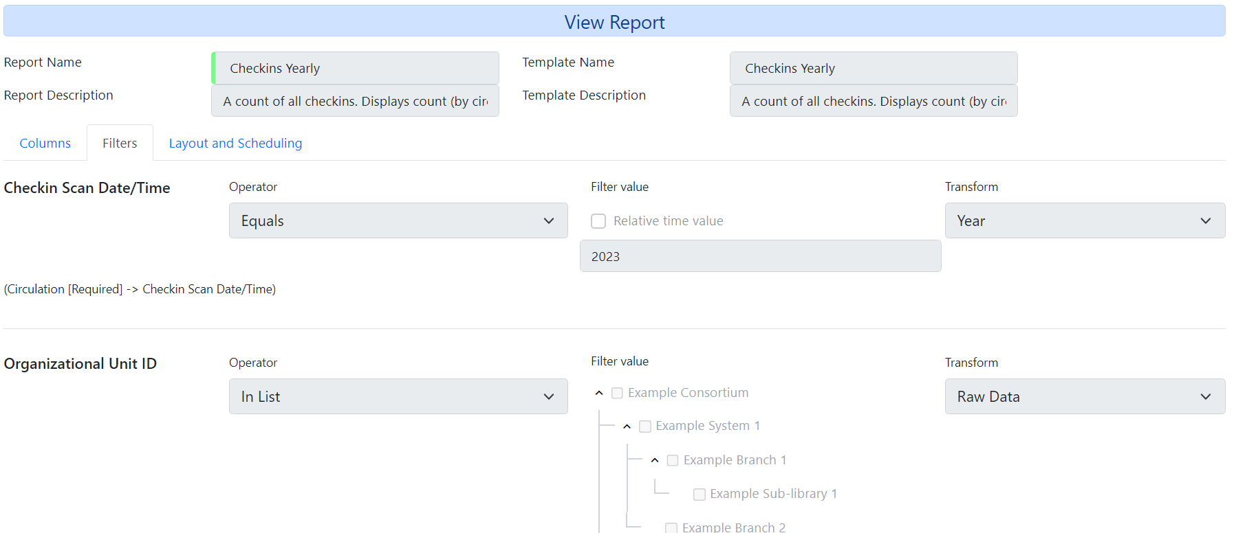 Screenshot of a report opened to the filters tab. Both the filter fields and the report name and description are greyed out.