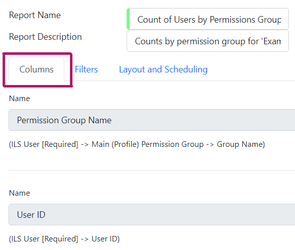 Screenshot of the columns tab on the report. Tabs are between the report name/description and the list of column fields.